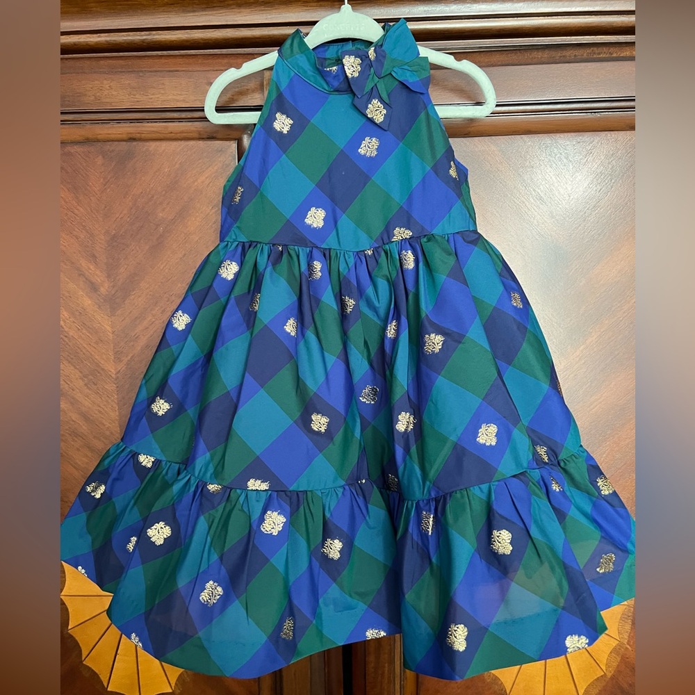 Janie and Jack Blue and Green Plaid Dress with Gold Accents